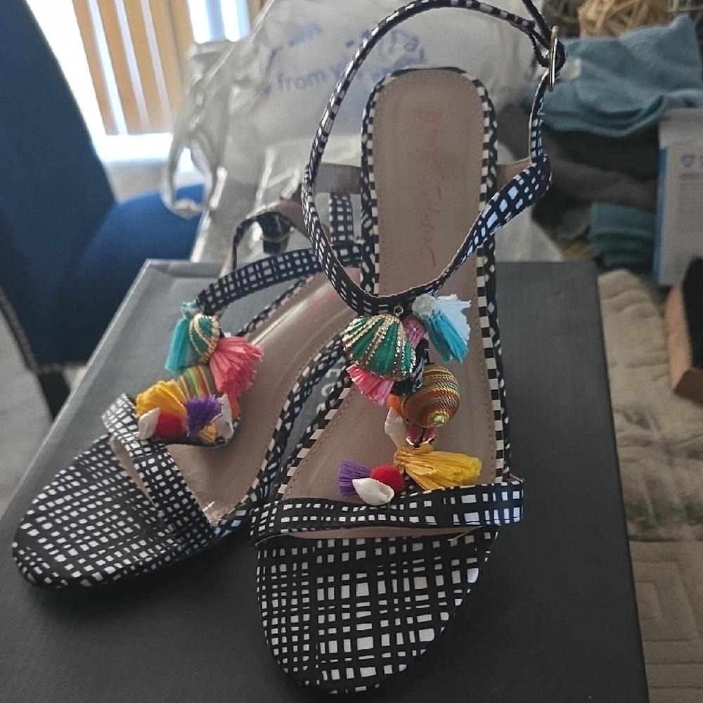 Betsey Johnson Checkered Sandals with Multicolor Tassels